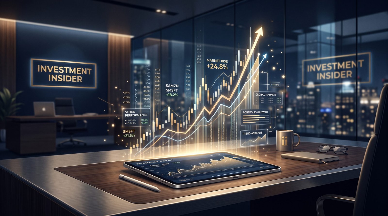 Minimalist desk with a laptop showing rising stock charts